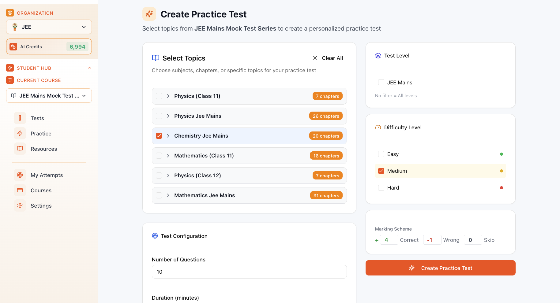 Custom Student Practice Module interface