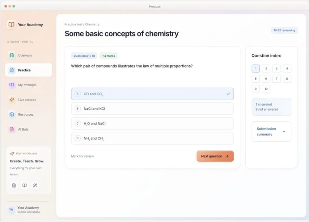 ThePrepLab student practice test showing a question, answer choices and question navigation