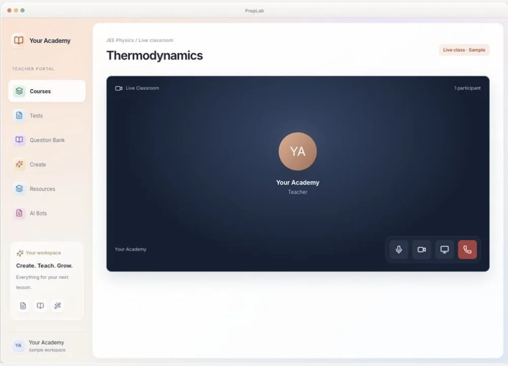 ThePrepLab live classroom with lesson content and teaching controls