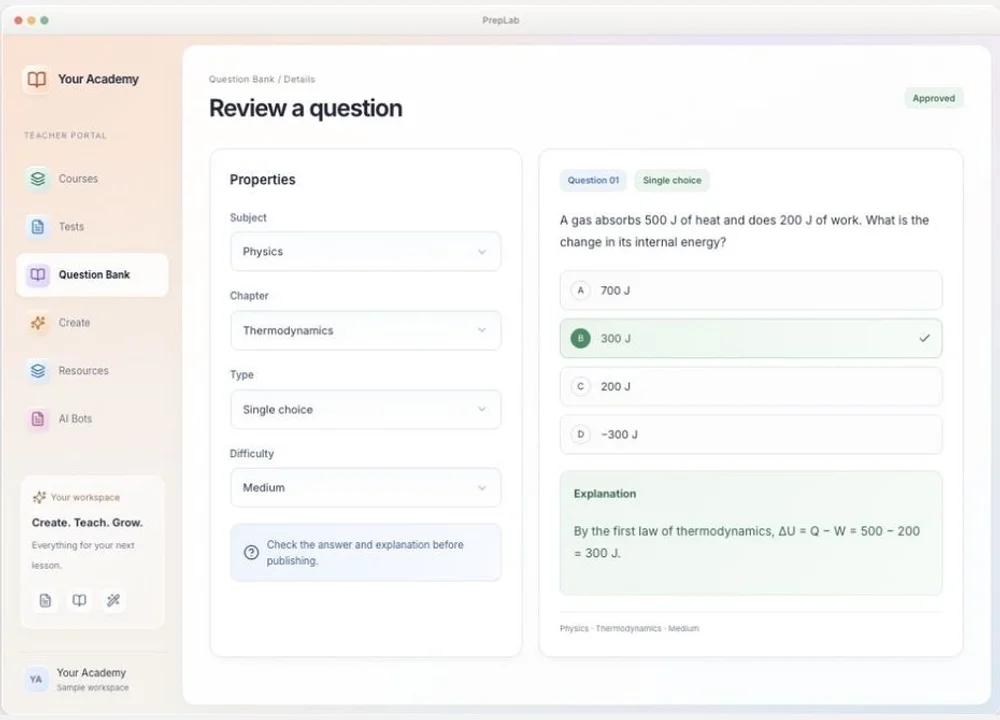 ThePrepLab question bank showing question properties, answer choices and an explanation